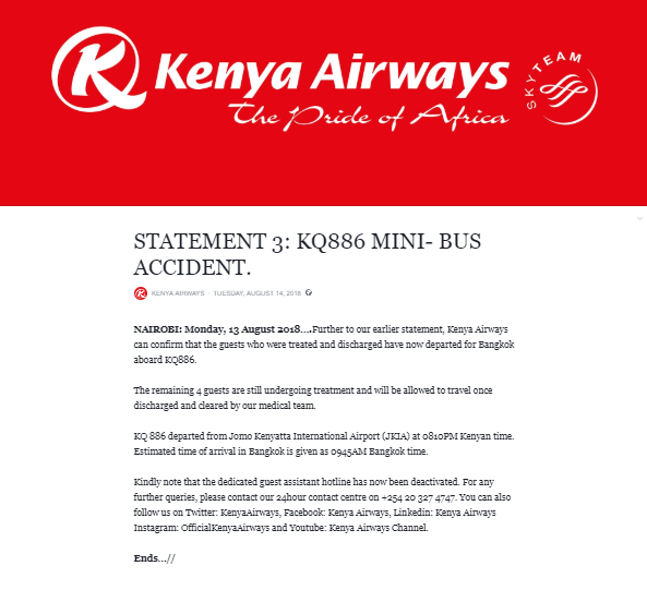 #KenyaAirways issues additional follow up statement on shuttle bus accident